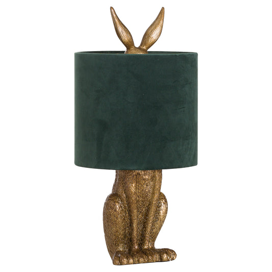 Antique Gold Hare Table Lamp With Green Velvet Shade -  - Hill Interiors -