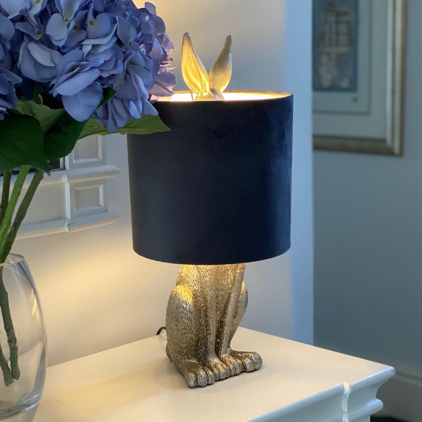 Silver Hare Table Lamp With Grey Velvet Shade - - Hill Interiors -