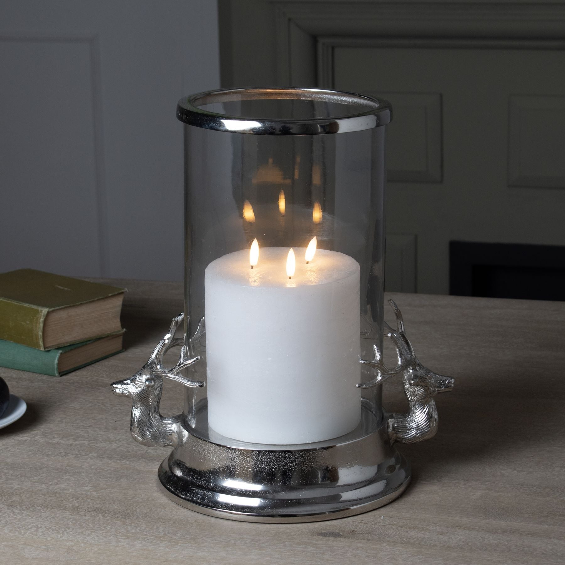 Silver Stag Heads Hurricane Lantern -  - Hill Interiors -