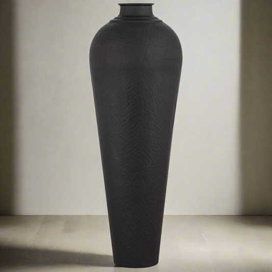 Matt Black Hammered Vase With Lid Large