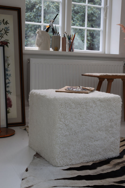 Curly Sheepskin Pouf Cuboid Ivory