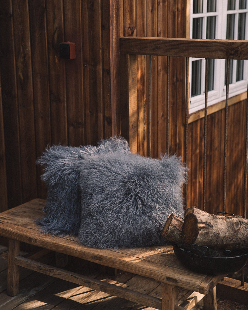 Curly Sheepskin Cushion Doublesided Square Steel Small