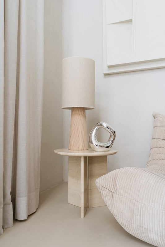 Exclusive table lamp Fay with wooden base and linen shade