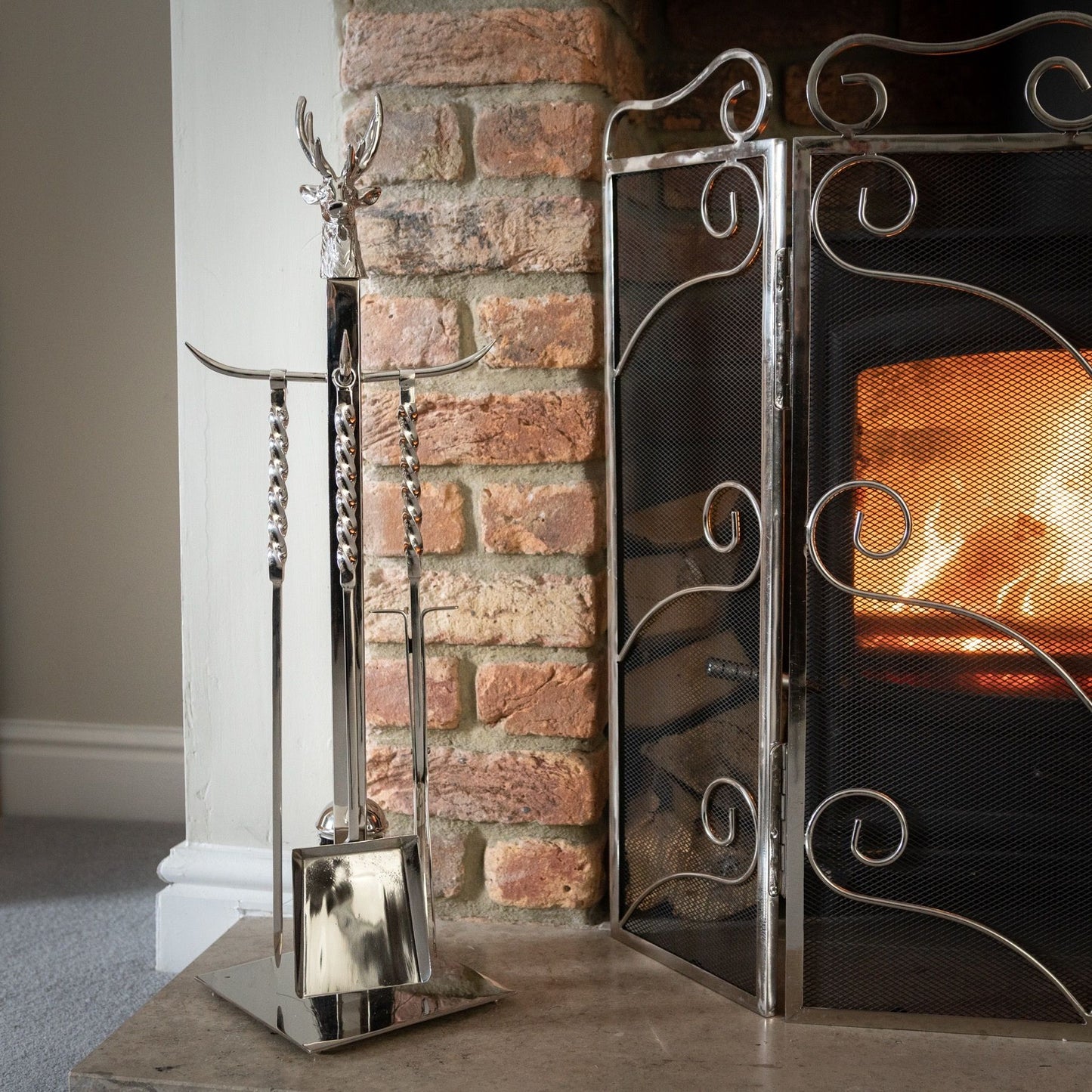 Hand Turned Stag Companion Set In Polished Nickel -  - Hill Interiors -