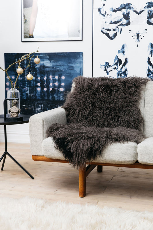 Curly Sheepskin Rug/Throw Brown Grey Small