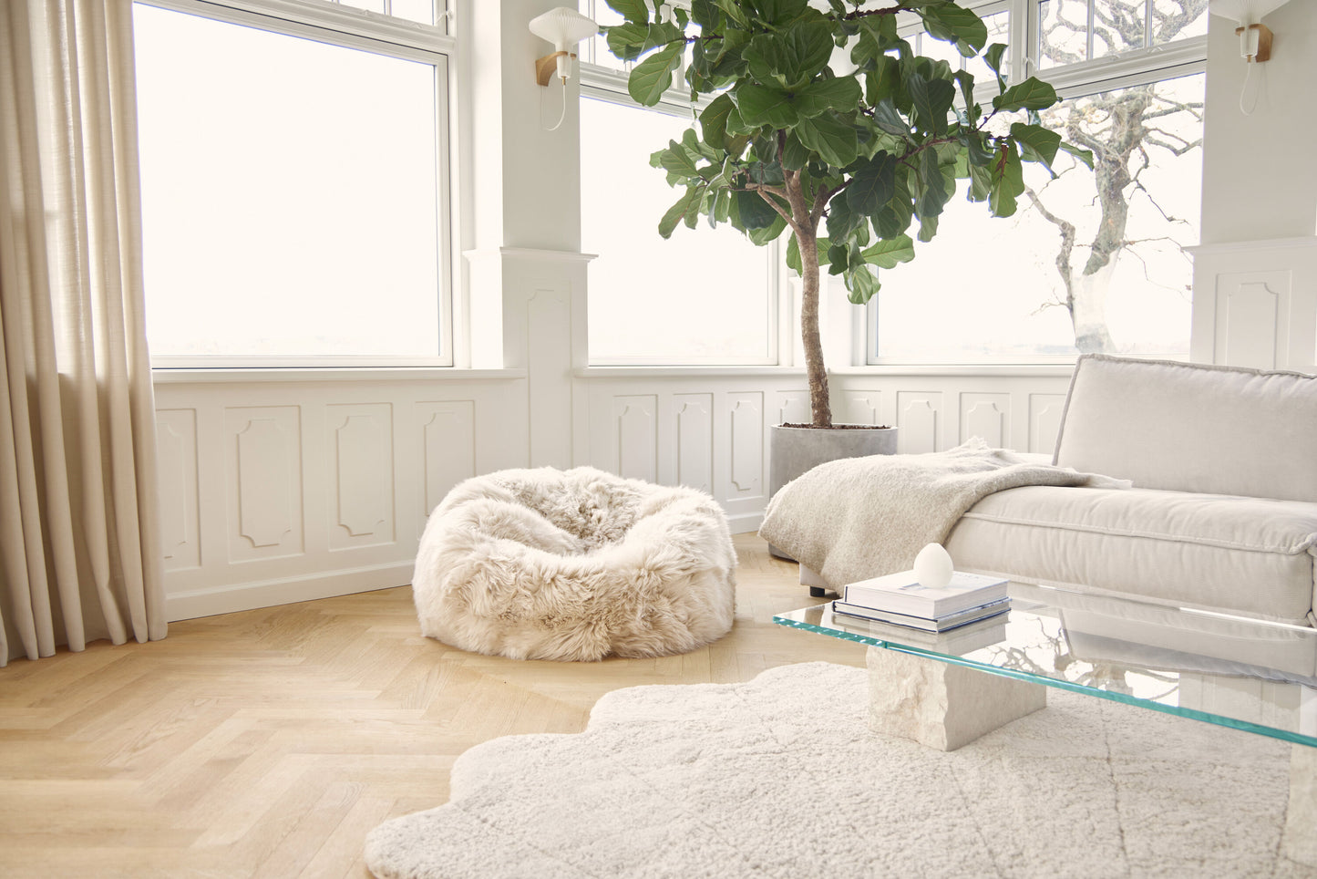 Round Sheepskin Bean Bag Linen Large