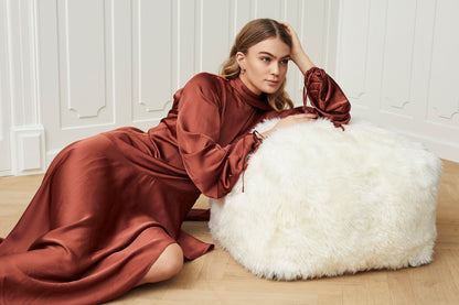 Long Wool Sheepskin Pouf Square Ivory