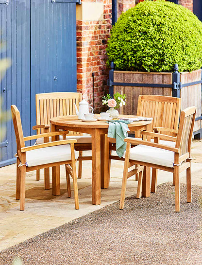 Churn Teak Round Table 100cm & 4 Henley Stacking Armchairs - Tables & Sets - Garden Trading -