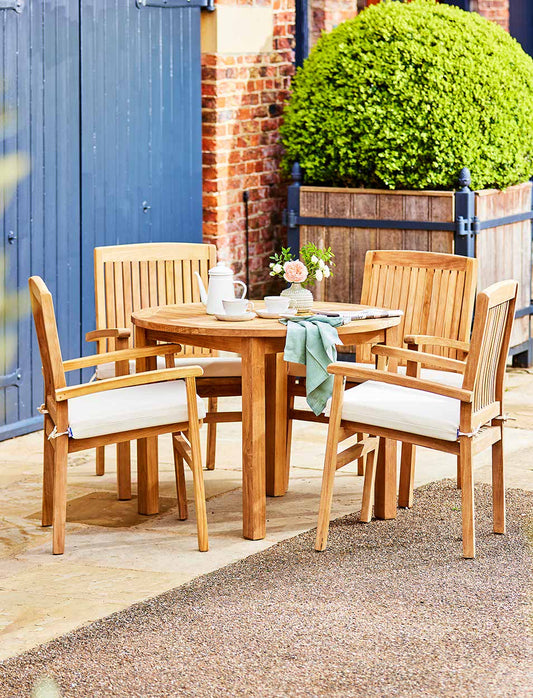 Churn Teak Round Table 100cm & 4 Henley Stacking Armchairs - Tables & Sets - Garden Trading -
