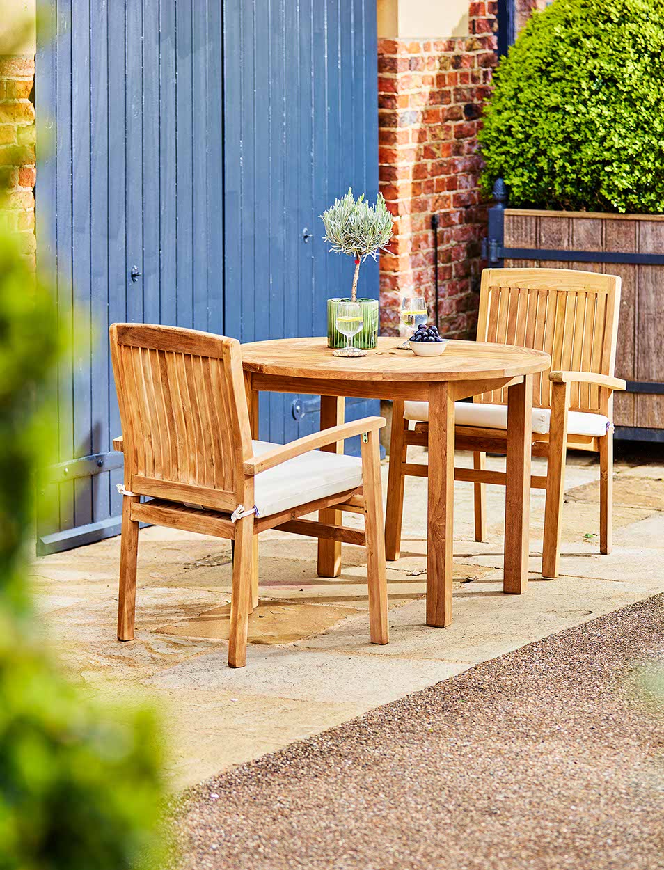 Churn Teak Round Table 100cm & 2 Henley Stacking Armchairs - Tables & Sets - Garden Trading -