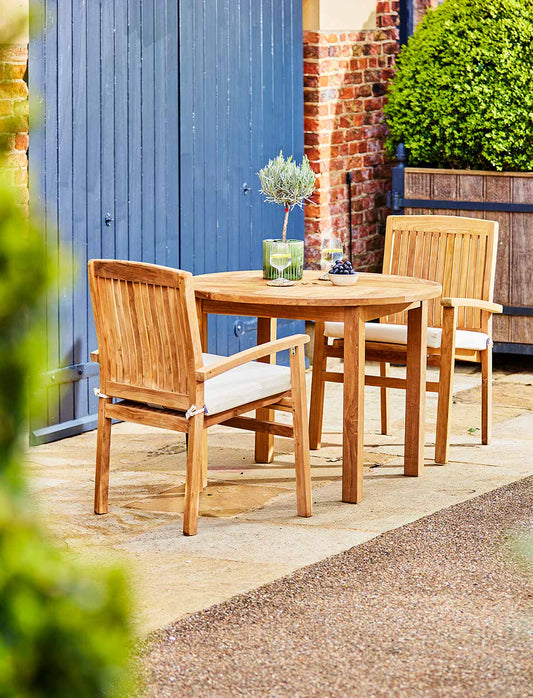 Churn Teak Round Table 100cm & 2 Henley Stacking Armchairs - Tables & Sets - Garden Trading -