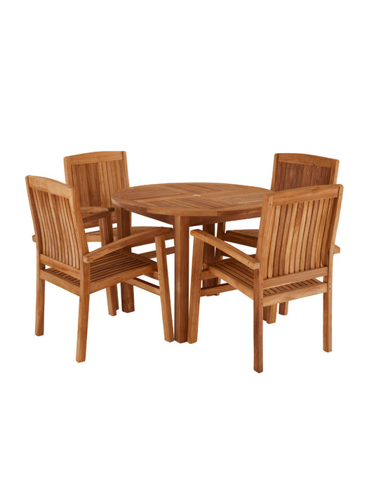 Churn Teak Round Table 100cm & 2 Henley Stacking Armchairs