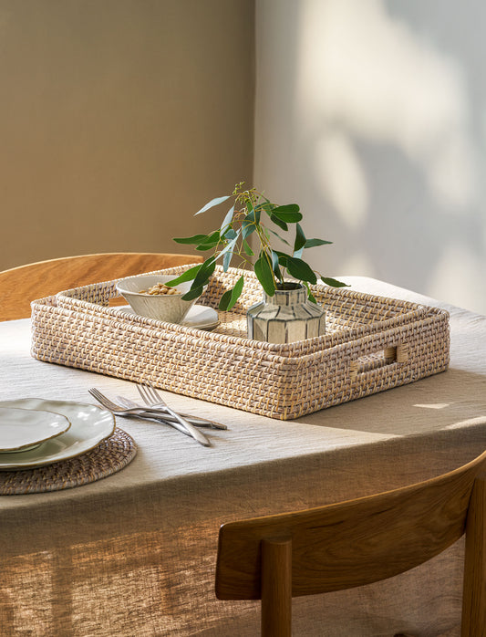 Wittering Rattan Rectangular Trays Set of 2 White - Serveware - Garden Trading -