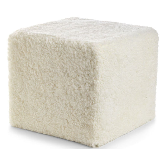 Curly Sheepskin Pouf Cuboid Ivory