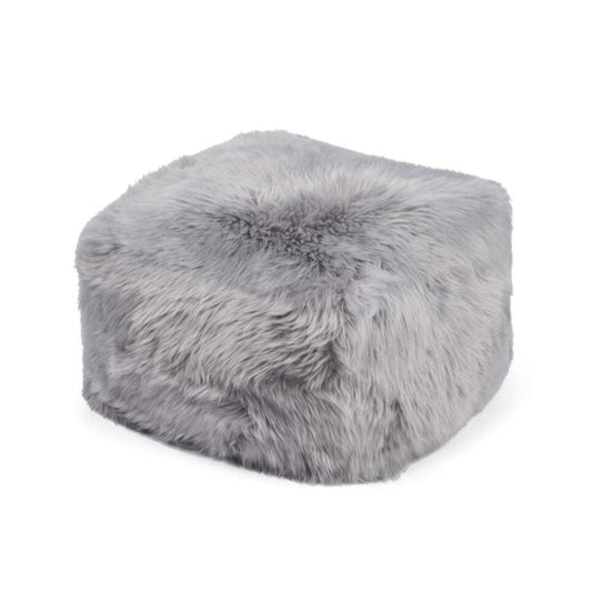Long Wool Sheepskin Pouf Square Light Grey